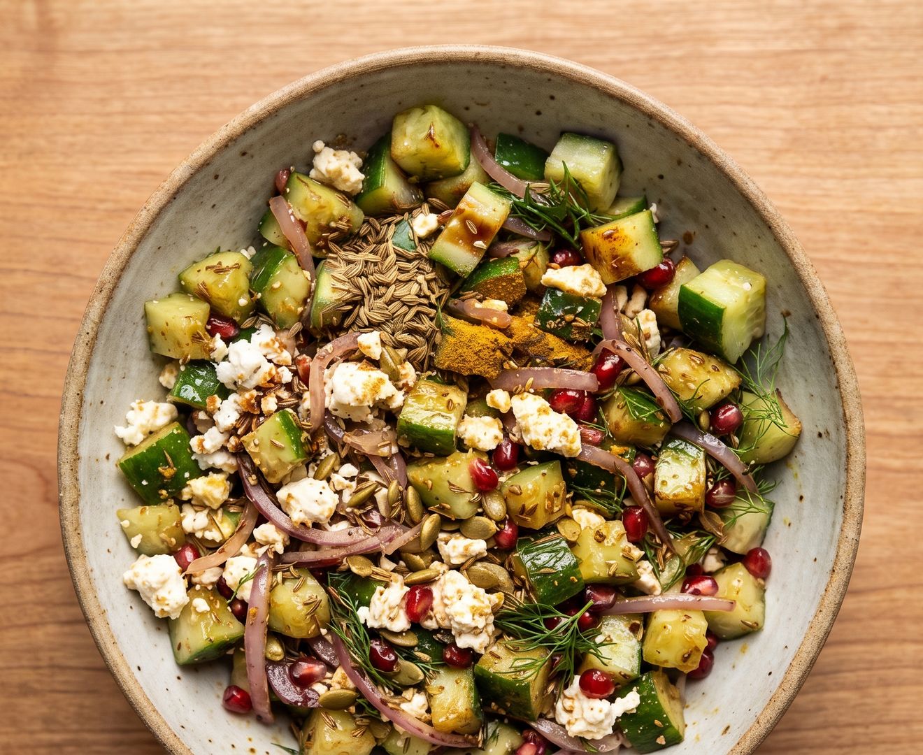 Overhead view of a bowl of cubed cucumber, red onion, and crumbled feta topped with toasted cumin seeds, curry powder, pepitas, and fennel fronds