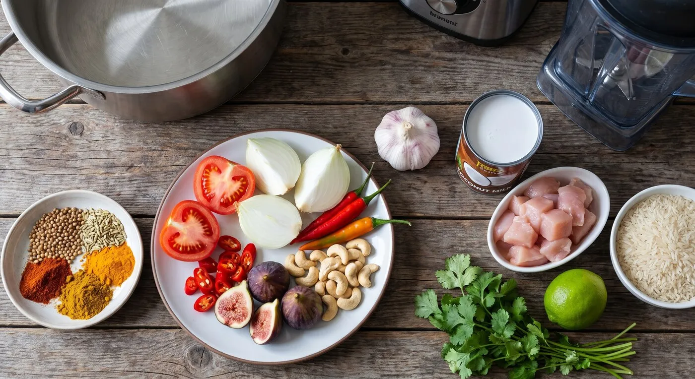 Curry ingredients laid out on a wooden table: toasted spices, tomatoes, onion, red chilies, cashews, figs, garlic, coconut milk, chicken, rice, coriander, and a lime